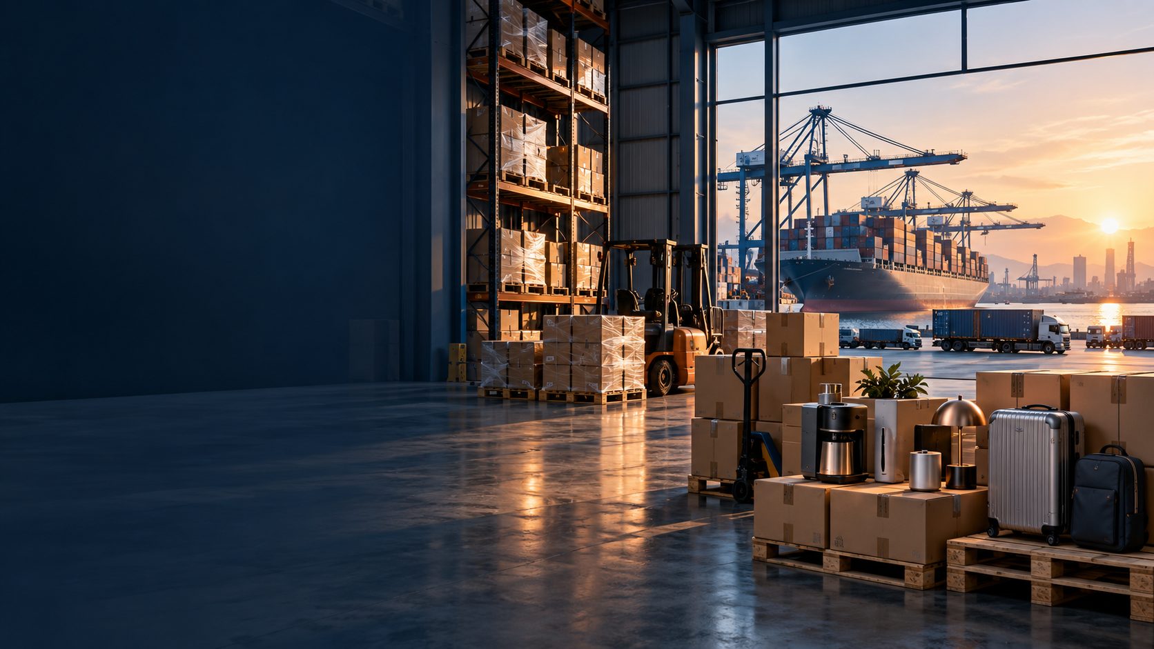 Global sourcing warehouse and international shipping port